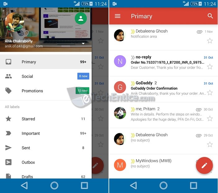 New updated Gmail for Android Lollipop with Material Design