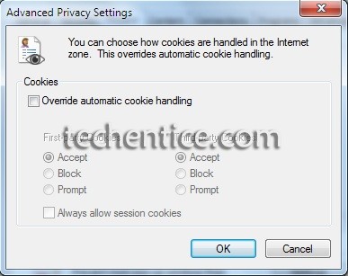 check box for Overriide cookie handling