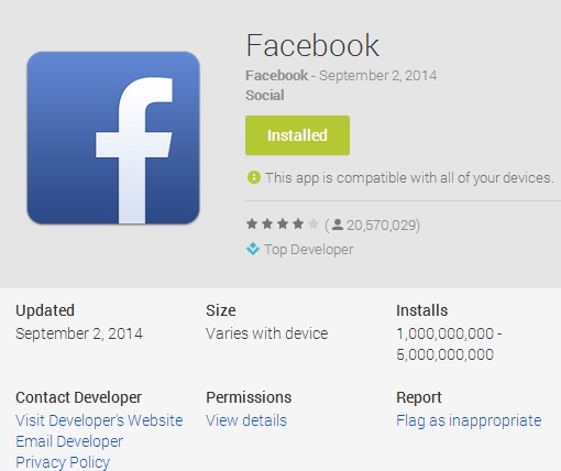 Facebook App- The first Non-Google Android app to hit billion milestone