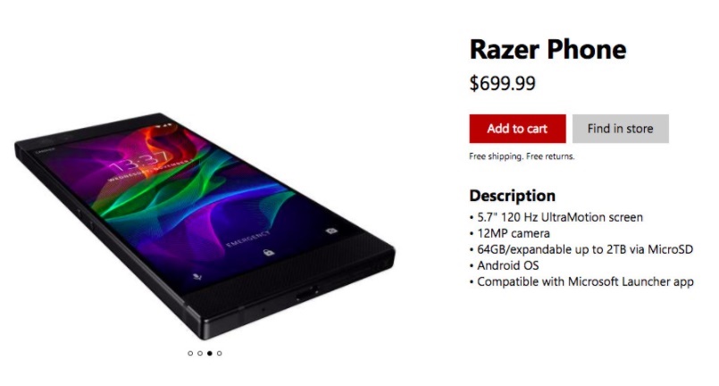 The Razer Phone available for sale from the Microsoft Store for $699.99