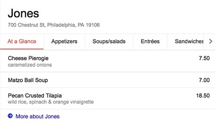 Restaurant menu search in Google