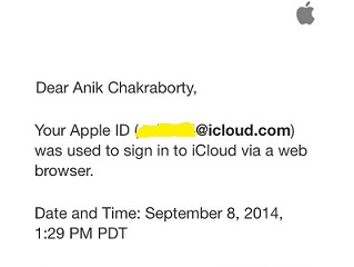 Apple iCloud account access notification mail