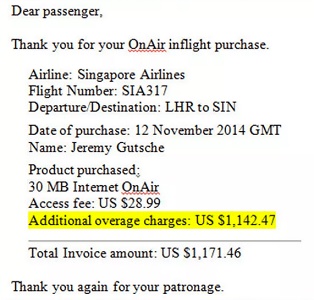 Singapore Airlines passenger incurs $1171.46 in-flight WiFi bill
